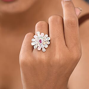  GP Italian Garden Collection Premium Ethiopian Welo Opal and Multi Gemstone 3.85 ctw Ring in Rhodium Over Sterling Silver (Size 7.0)