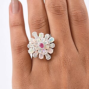  GP Italian Garden Collection Premium Ethiopian Welo Opal and Multi Gemstone 3.85 ctw Ring in Rhodium Over Sterling Silver (Size 7.0)