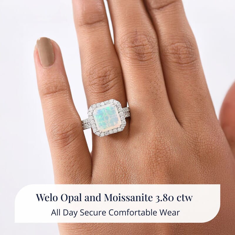 D'Joy AAA Ethiopian Welo Opal and Moissanite 3.80 ctw Frozen Flame Ring in Rhodium Over Sterling Silver (Size 10.0)