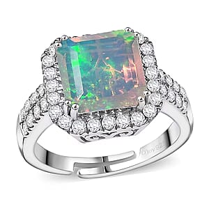 D'Joy AAA Ethiopian Welo Opal and Moissanite 3.80 ctw Frozen Flame Ring in Rhodium Over Sterling Silver (Size 6.0)