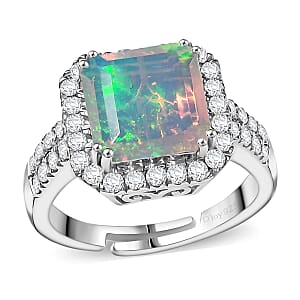 D'Joy AAA Ethiopian Welo Opal and Moissanite 3.80 ctw Frozen Flame Ring in Rhodium Over Sterling Silver (Size 8.0)