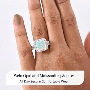 D'Joy AAA Ethiopian Welo Opal and Moissanite 3.80 ctw Frozen Flame Ring in Rhodium Over Sterling Silver (Size 8.0)
