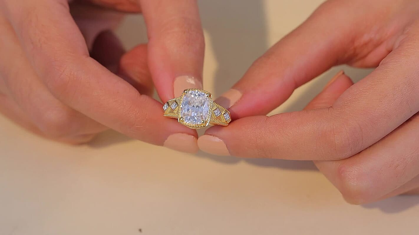 D'Joy Moissanite (Cush 11x9mm) Ring in 18K Vermeil YG Over Sterling Silver (Size 5.0) 4.00 ctw