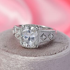 D'Joy Moissanite (Cush 11x9mm) Ring in Rhodium Over Sterling Silver (Size 5.0) 3.90 ctw