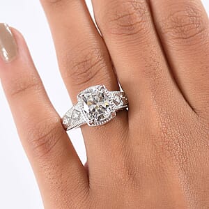 D'Joy Moissanite (Cush 11x9mm) Ring in Rhodium Over Sterling Silver (Size 5.0) 3.90 ctw