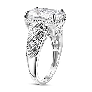 D'Joy Moissanite (Cush 11x9mm) Ring in Rhodium Over Sterling Silver (Size 5.0) 3.90 ctw