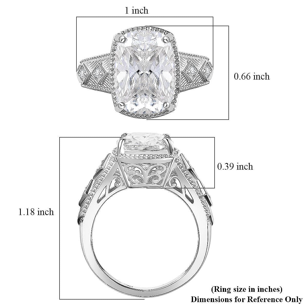 D'Joy Moissanite (Cush 11x9mm) Ring in Rhodium Over Sterling Silver (Size 5.0) 3.90 ctw