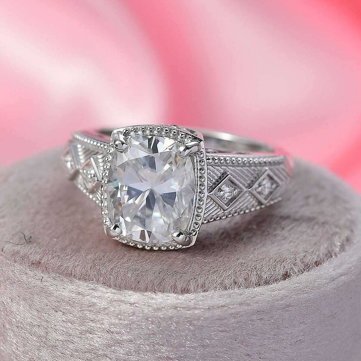 D'Joy Moissanite (Cush 11x9mm) Ring in Rhodium Over Sterling Silver (Size 6.0) 3.90 ctw image number 1