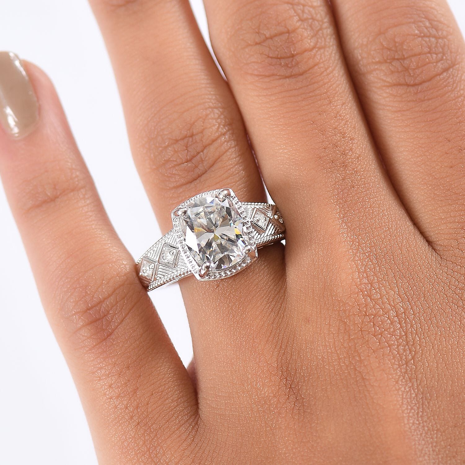 D'Joy Moissanite (Cush 11x9mm) Ring in Rhodium Over Sterling Silver (Size 6.0) 3.90 ctw