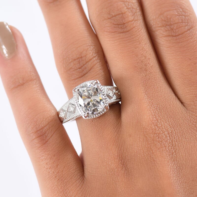 D'Joy Moissanite 3.90 ctw Ring in Rhodium Over Sterling Silver (Size 9.0)