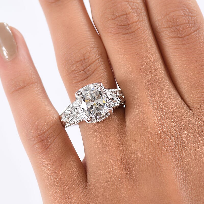 D'Joy Moissanite 3.90 ctw Ring in Rhodium Over Sterling Silver (Size 9.0)