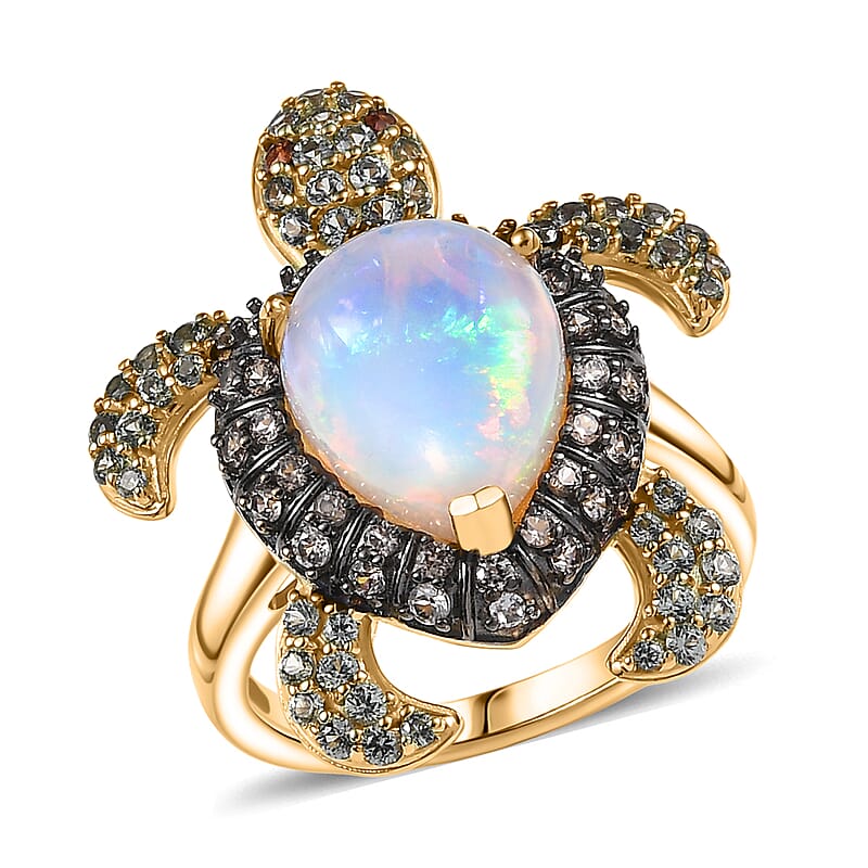 D'Joy Premium Ethiopian Welo Opal and Multi Gemstone 4.60 ctw Turtle Ring in 18K Vermeil Yellow Gold Over Sterling Silver (Size 6.0)