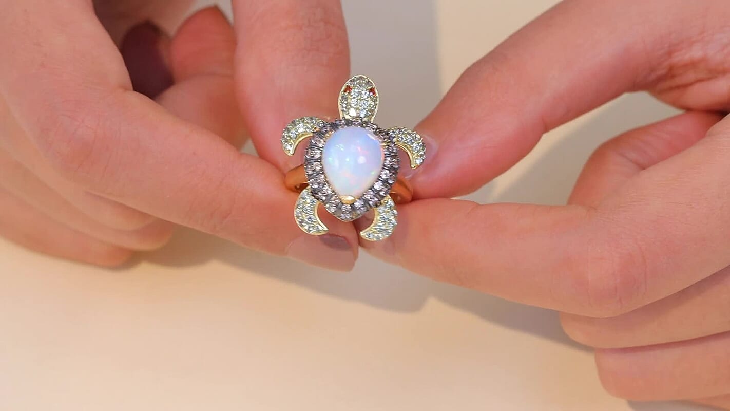 D'Joy Premium Ethiopian Welo Opal, Multi Gemstone Turtle Ring in 18K Vermeil YG Over Sterling Silver (Size 6.0) 4.60 ctw