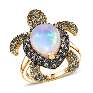 D'Joy Premium Ethiopian Welo Opal and Multi Gemstone 4.60 ctw Turtle Ring in 18K Vermeil Yellow Gold Over Sterling Silver (Size 7.0)