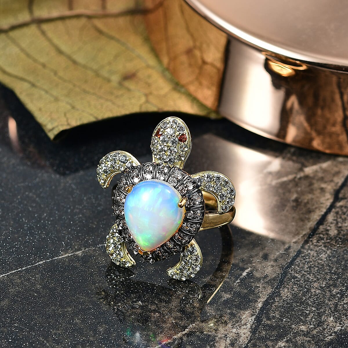 D'Joy Premium Ethiopian Welo Opal and Multi Gemstone 4.60 ctw Turtle Ring in 18K Vermeil Yellow Gold Over Sterling Silver (Size 7.0) image number 1