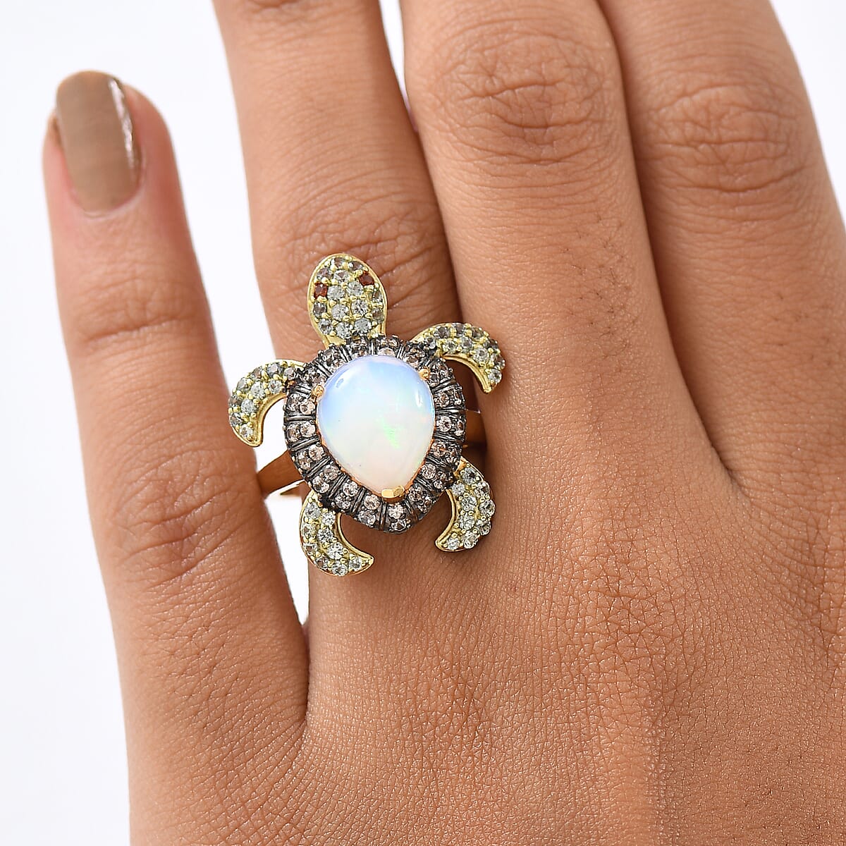D'Joy Premium Ethiopian Welo Opal and Multi Gemstone 4.60 ctw Turtle Ring in 18K Vermeil Yellow Gold Over Sterling Silver (Size 7.0) image number 2