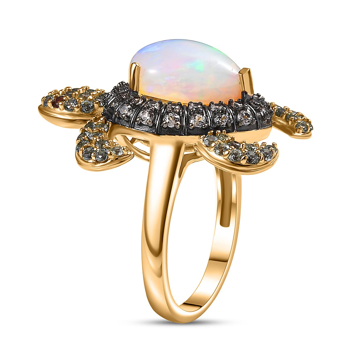 D'Joy Premium Ethiopian Welo Opal and Multi Gemstone 4.60 ctw Turtle Ring in 18K Vermeil Yellow Gold Over Sterling Silver (Size 7.0) image number 3