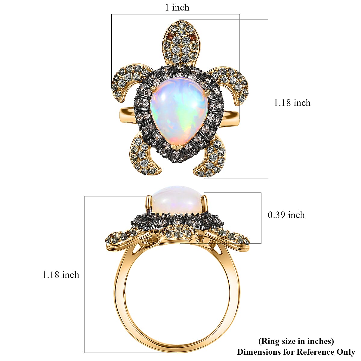 D'Joy Premium Ethiopian Welo Opal and Multi Gemstone 4.60 ctw Turtle Ring in 18K Vermeil Yellow Gold Over Sterling Silver (Size 7.0) image number 5