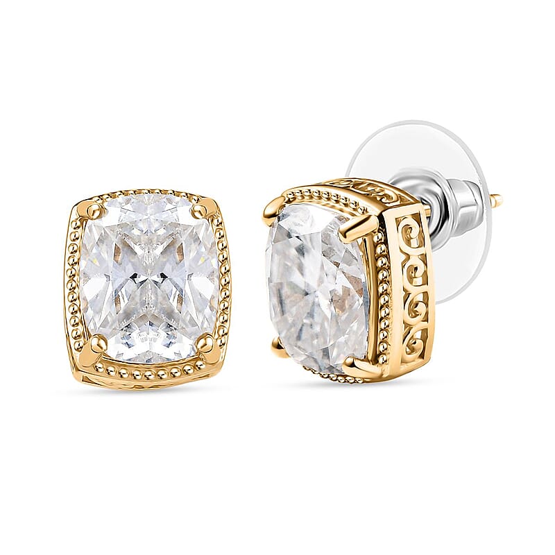 D'Joy Moissanite 7.30 ctw Stud Earrings in 18K Vermeil Yellow Gold Over Sterling Silver