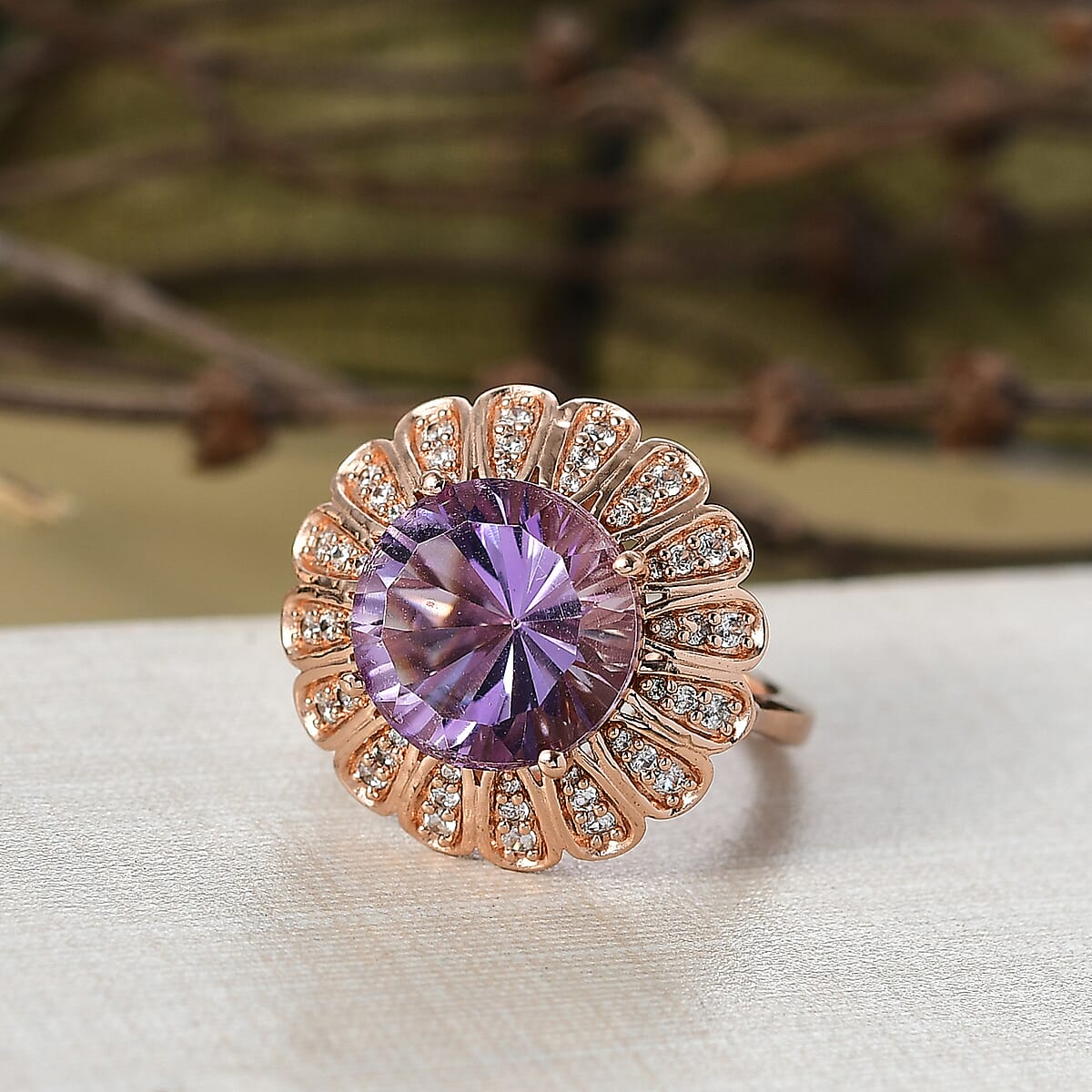 EverTrue Rose De France Amethyst and White Zircon 6.70 ctw Royal Bloom Ring in 18K Rose Gold Plated (Size 11.0) image number 1