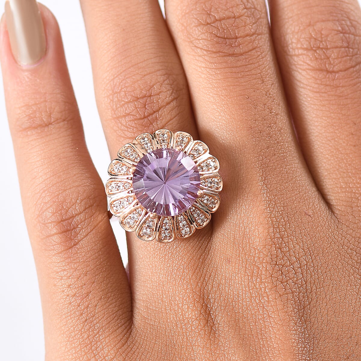EverTrue Rose De France Amethyst and White Zircon 6.70 ctw Royal Bloom Ring in 18K Rose Gold Plated (Size 11.0) image number 2