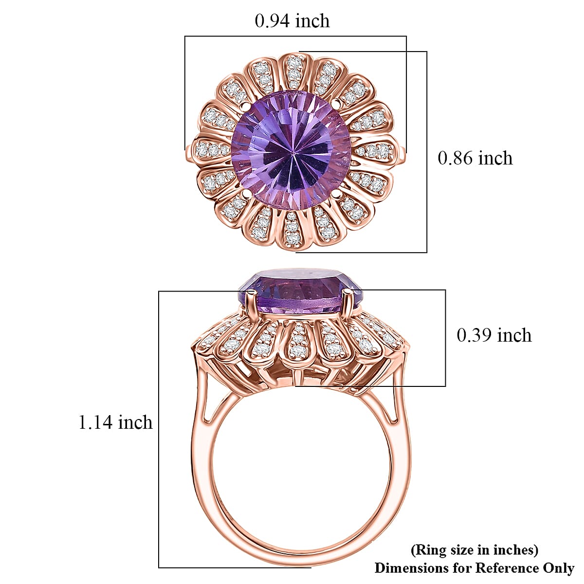 EverTrue Rose De France Amethyst and White Zircon 6.70 ctw Royal Bloom Ring in 18K Rose Gold Plated (Size 11.0)
