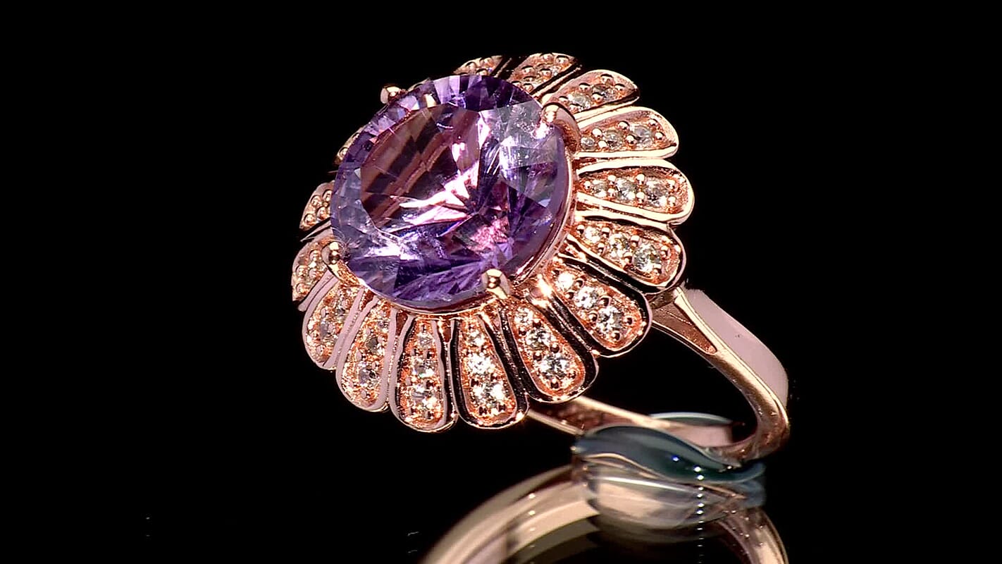 EverTrue Rose De France Amethyst, White Zircon Ring in 18K RG Plated (Size 10.0) 6.70 ctw