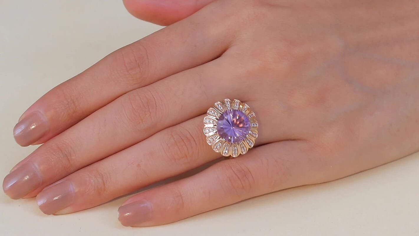 EverTrue Rose De France Amethyst, White Zircon Ring in 18K RG Plated (Size 10.0) 6.70 ctw