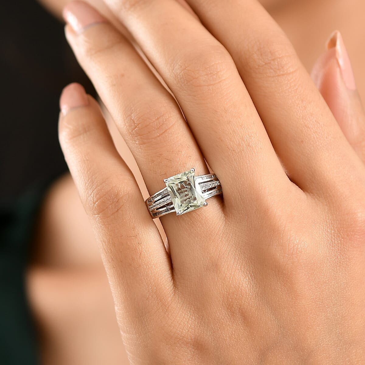 EverTrue Montezuma Prasiolite and White Zircon 4.10 ctw Deco Violet Ring in Platinum Bond (Size 11.0) image number 2