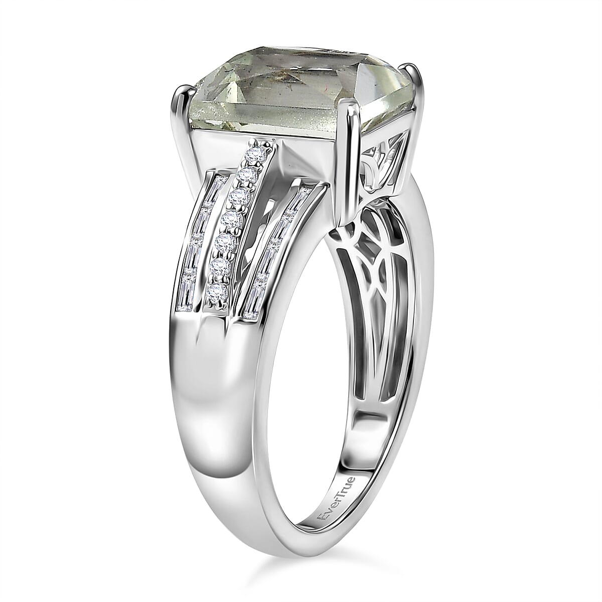 EverTrue Montezuma Prasiolite and White Zircon 4.10 ctw Deco Violet Ring in Platinum Bond (Size 7.0)