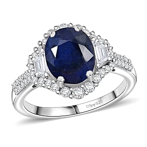 D'Joy Kanchanaburi Blue Sapphire (DF), White Zircon Ring in Rhodium Over Sterling Silver (Size 10.0) 4.30 ctw
