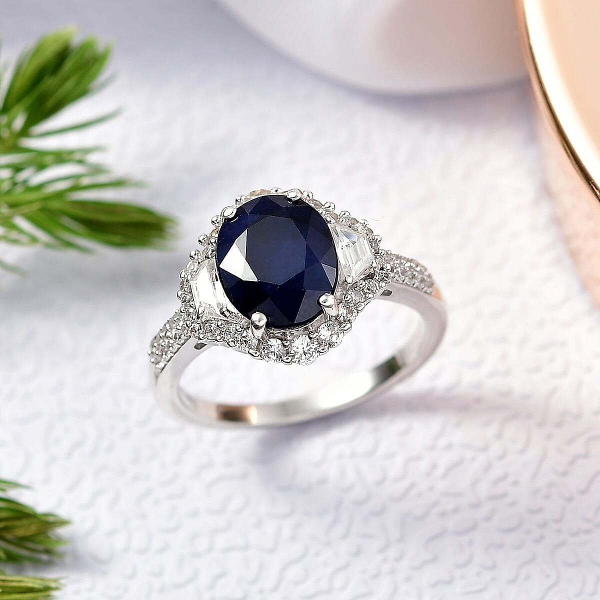 D'Joy Kanchanaburi Blue Sapphire (DF), White Zircon Ring in Rhodium Over Sterling Silver (Size 10.0) 4.30 ctw image number 1