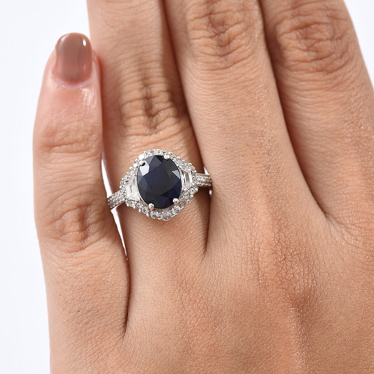D'Joy Kanchanaburi Blue Sapphire (DF), White Zircon Ring in Rhodium Over Sterling Silver (Size 10.0) 4.30 ctw image number 2