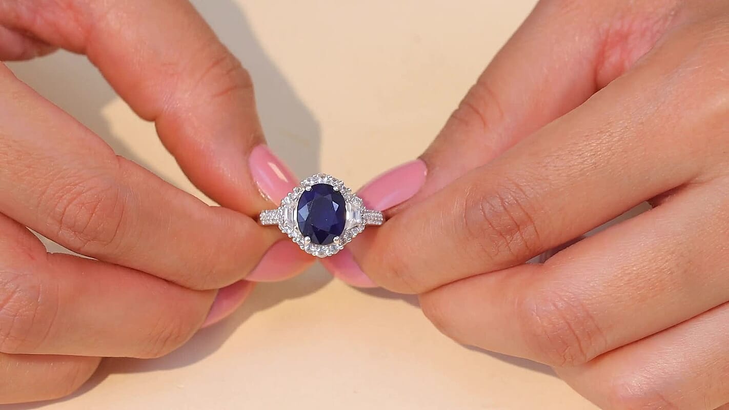 D'Joy Kanchanaburi Blue Sapphire (DF), White Zircon Ring in Rhodium Over Sterling Silver (Size 7.0) 4.30 ctw