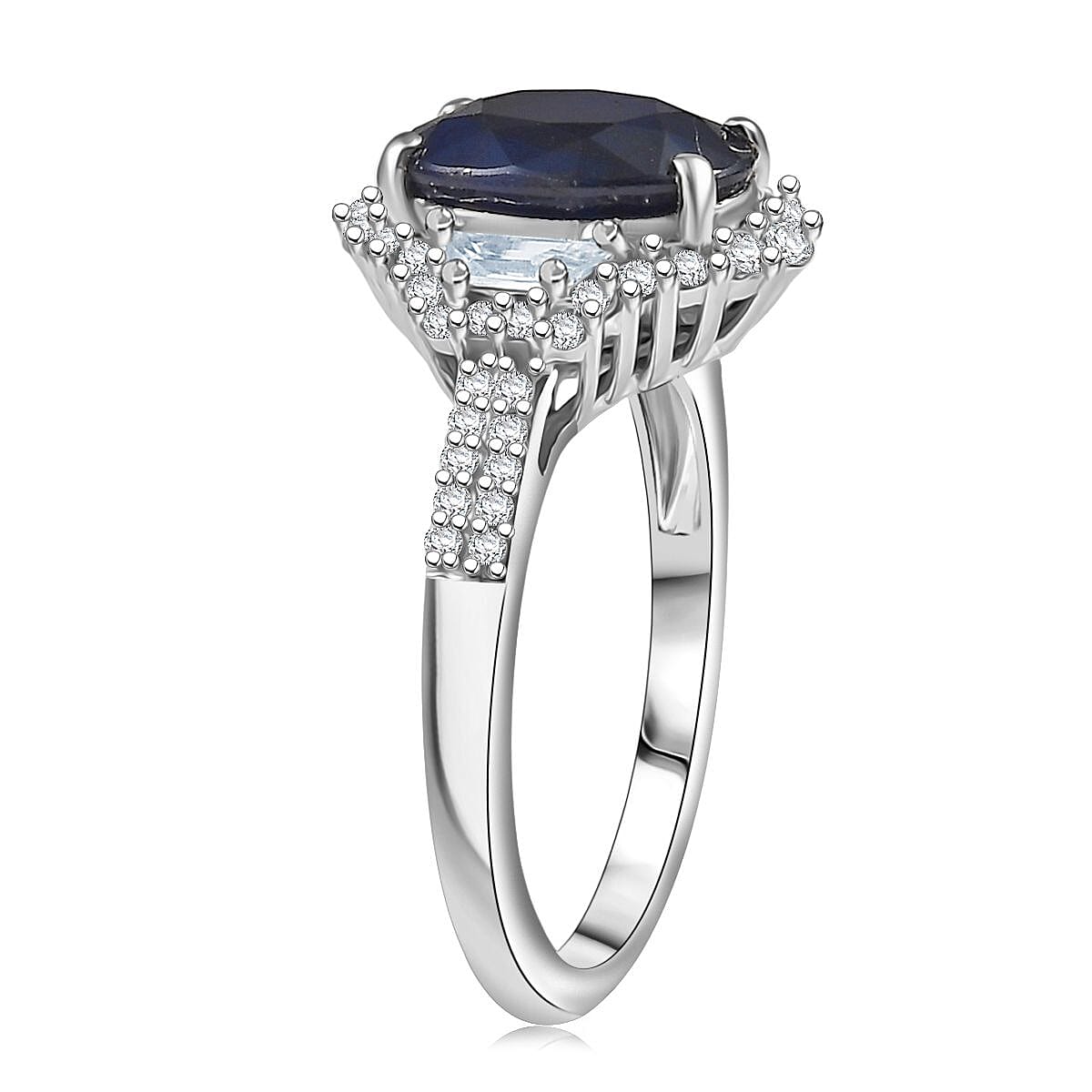 D'Joy Kanchanaburi Blue Sapphire (DF) and White Zircon 4.30 ctw Ring in Rhodium Over Sterling Silver (Size 7.0) image number 3