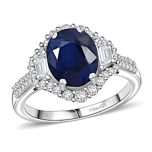 D'Joy Kanchanaburi Blue Sapphire (DF), White Zircon Ring in Rhodium Over Sterling Silver (Size 8.0) 4.30 ctw