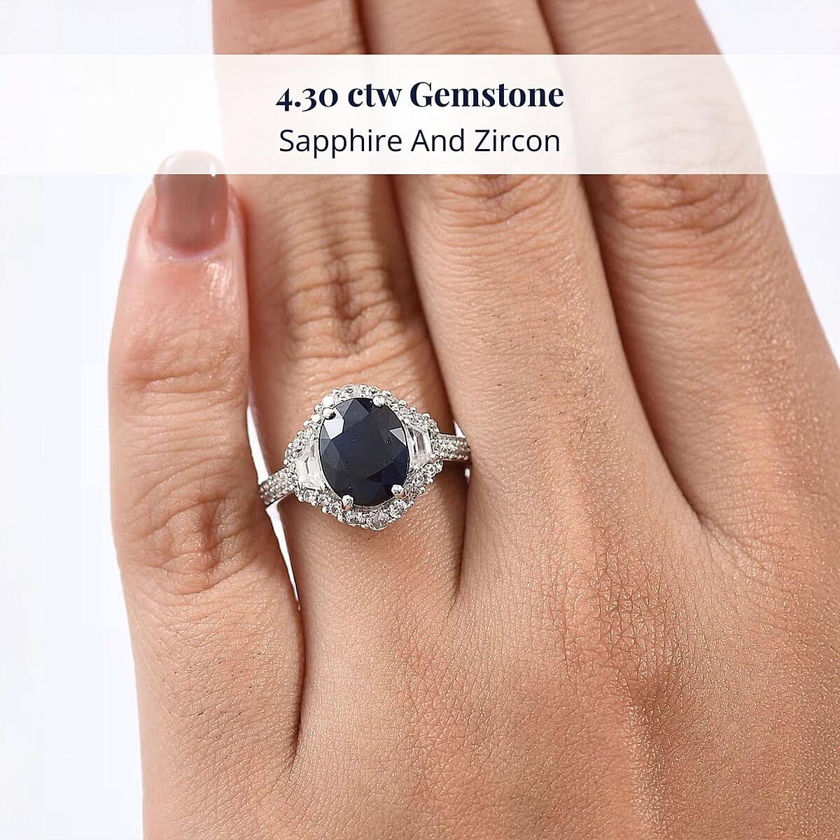 D'Joy Kanchanaburi Blue Sapphire (DF), White Zircon Ring in Rhodium Over Sterling Silver (Size 9.0) 4.30 ctw image number 1