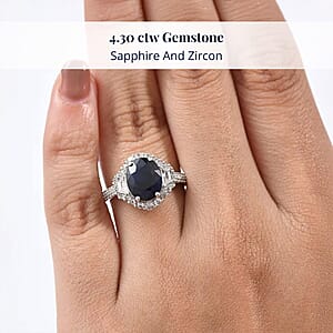 D'Joy Kanchanaburi Blue Sapphire (DF), White Zircon Ring in Rhodium Over Sterling Silver (Size 9.0) 4.30 ctw
