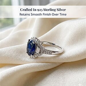 D'Joy Kanchanaburi Blue Sapphire (DF), White Zircon Ring in Rhodium Over Sterling Silver (Size 9.0) 4.30 ctw