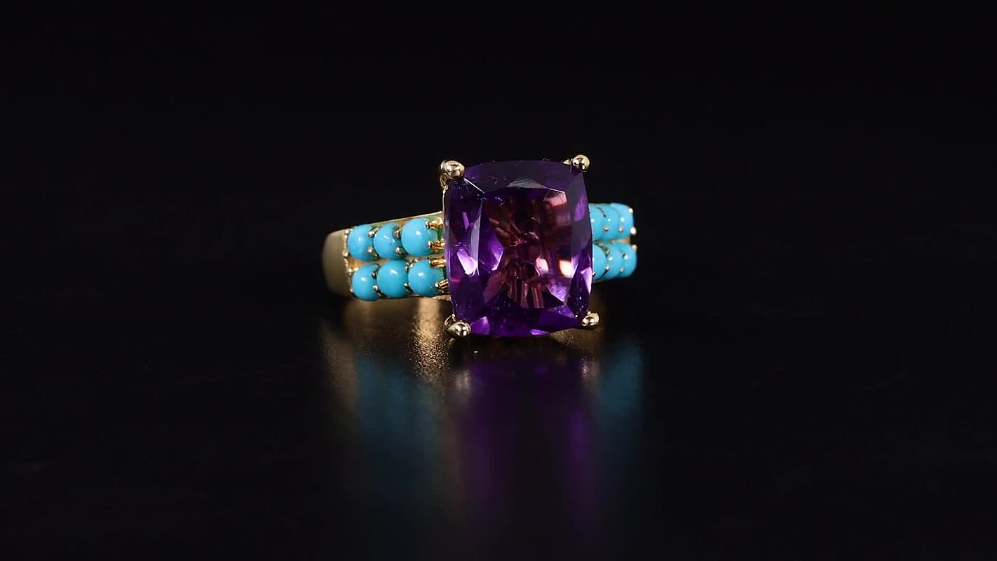 EverTrue African Amethyst, Lagoon Turquoise Ring in 18K YG Plated (Size 10.0) 6.00 ctw