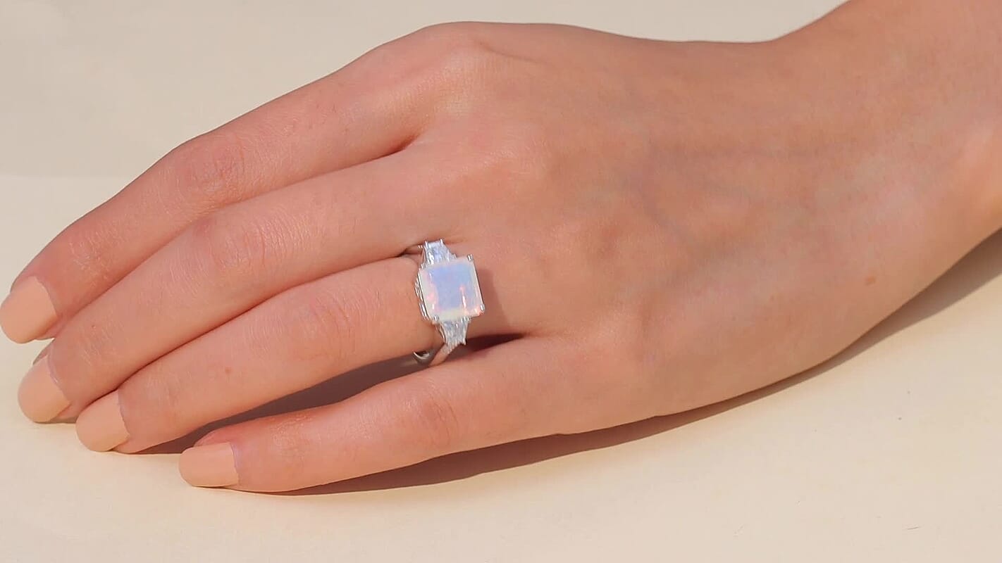 D'Joy AAA Ethiopian Welo Opal, Moissanite Art Deco Ring in Rhodium Over Sterling Silver (Size 10.0) 3.40 ctw