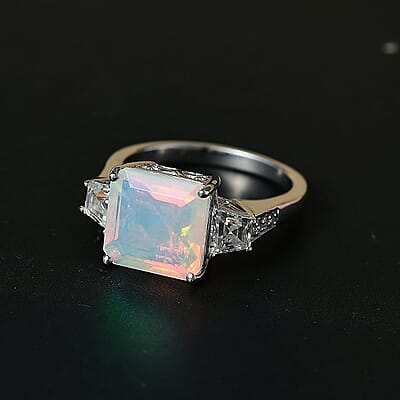 D'Joy AAA Ethiopian Welo Opal, Moissanite Art Deco Ring in Rhodium Over Sterling Silver 3.40 ctw (Size 10.0)