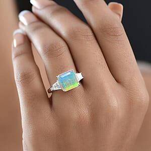D'Joy AAA Ethiopian Welo Opal, Moissanite Art Deco Ring in Rhodium Over Sterling Silver 3.40 ctw (Size 10.0)