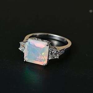 D'Joy AAA Ethiopian Welo Opal, Moissanite Art Deco Ring in Rhodium Over Sterling Silver 3.40 ctw (Size 6.0)