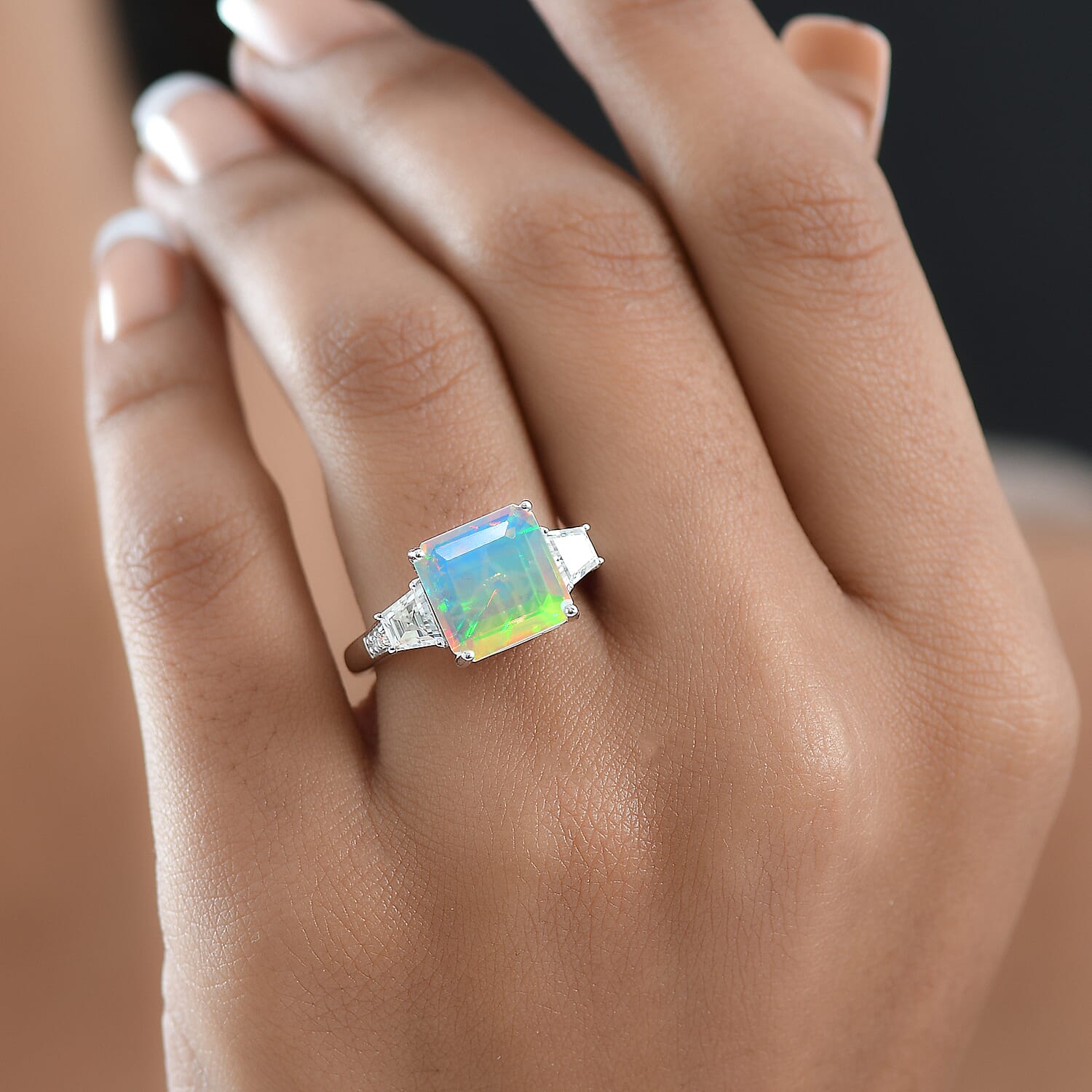 D'Joy AAA Ethiopian Welo Opal, Moissanite Art Deco Ring in Rhodium Over Sterling Silver 3.40 ctw (Size 6.0)