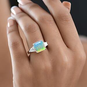 D'Joy AAA Ethiopian Welo Opal, Moissanite Art Deco Ring in Rhodium Over Sterling Silver 3.40 ctw (Size 7.0)