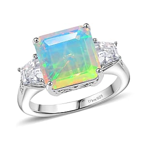 Doorbuster D'Joy AAA Ethiopian Welo Opal and Moissanite 3.40 ctw Art Deco Ring in Rhodium Over Sterling Silver (Size 8.0)