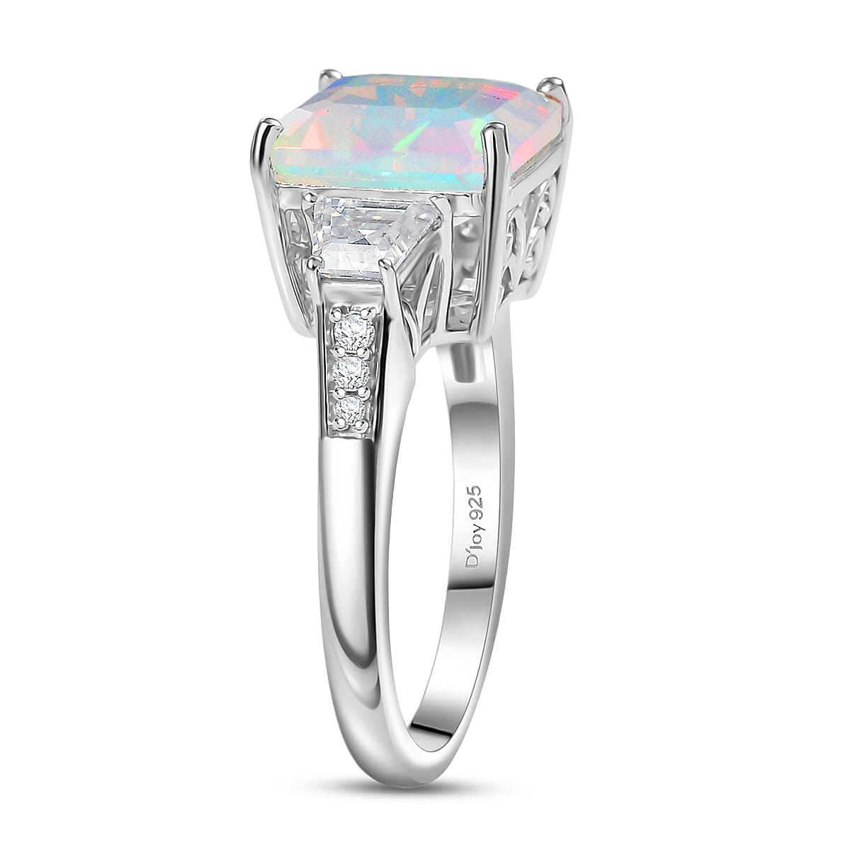 Doorbuster D'Joy AAA Ethiopian Welo Opal and Moissanite 3.40 ctw Art Deco Ring in Rhodium Over Sterling Silver (Size 8.0) image number 3