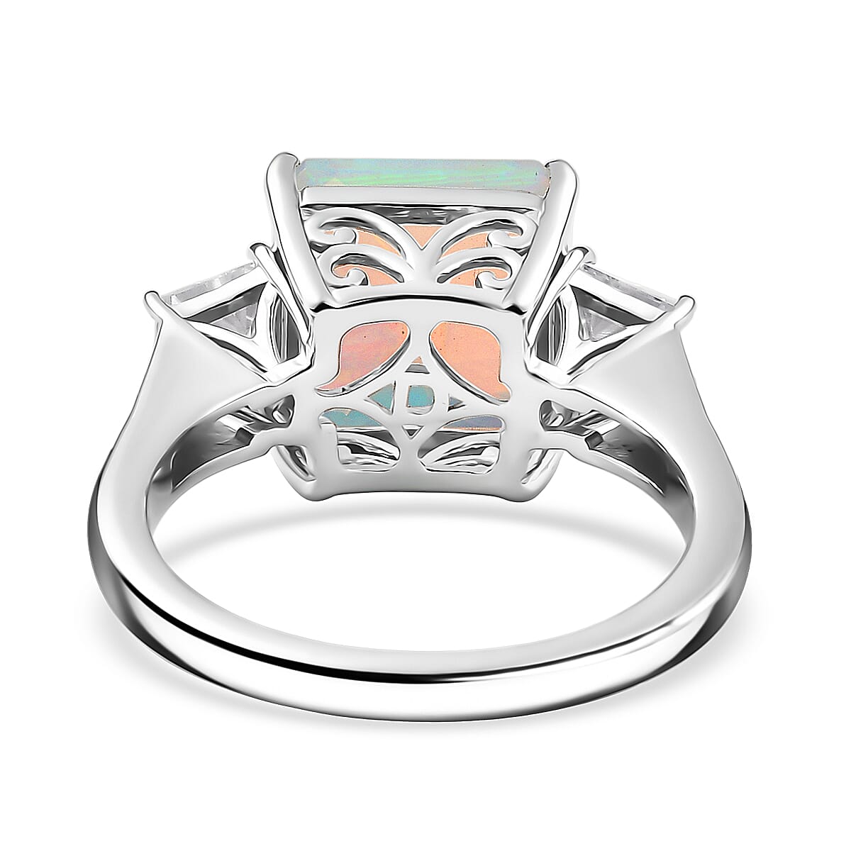 Doorbuster D'Joy AAA Ethiopian Welo Opal and Moissanite 3.40 ctw Art Deco Ring in Rhodium Over Sterling Silver (Size 9.0) image number 4