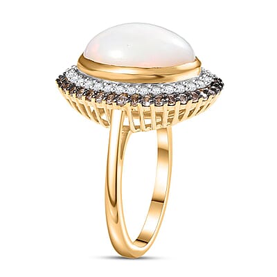 D'Joy AAA Ethiopian Welo Opal, White and Champagne Zircon 5.00 ctw Twilight Flame Ring in 18K Vermeil Yellow Gold Over Sterling Silver (Size 6.0)